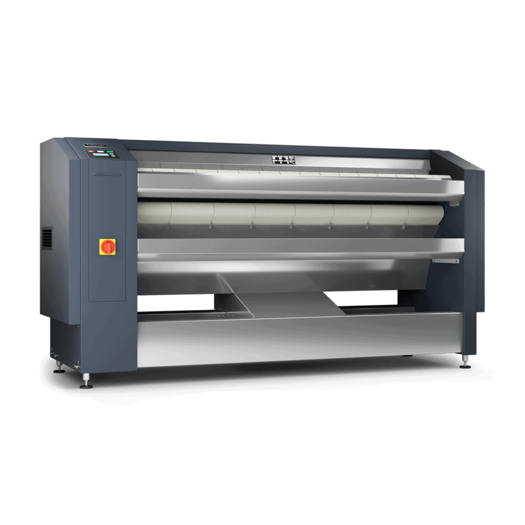 Large industrial flatwork ironer machine with rollers, and a grey metal frame