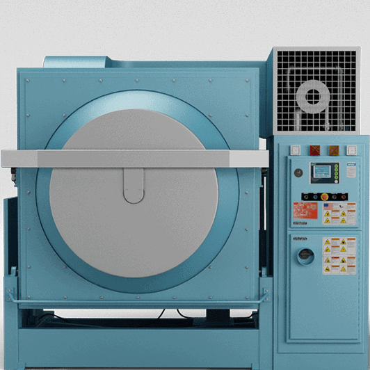 Industrial blue washing machine with a large, round door and control panel