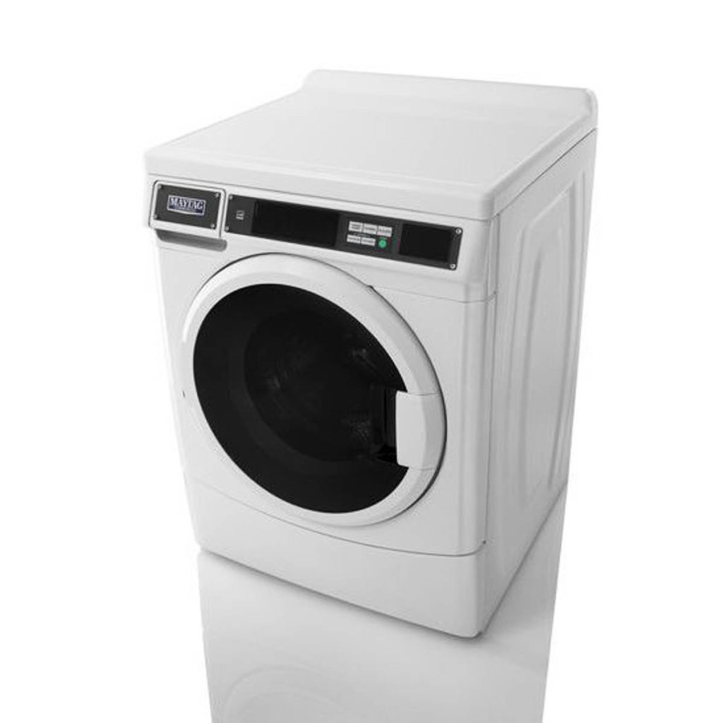 White Maytag washing machine with a front-loading door and digital display