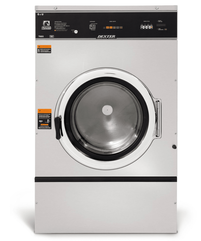 Stainless steel commercial washing machine with black control panel and door