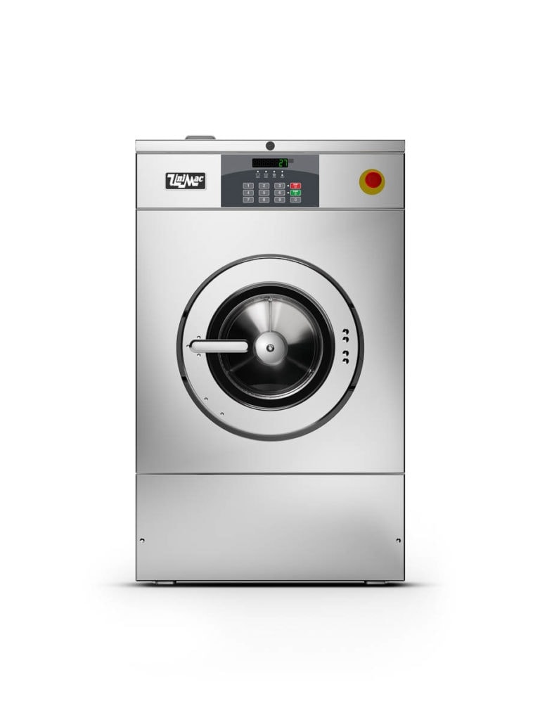 Stainless steel industrial washing machine with digital controls and a red stop button