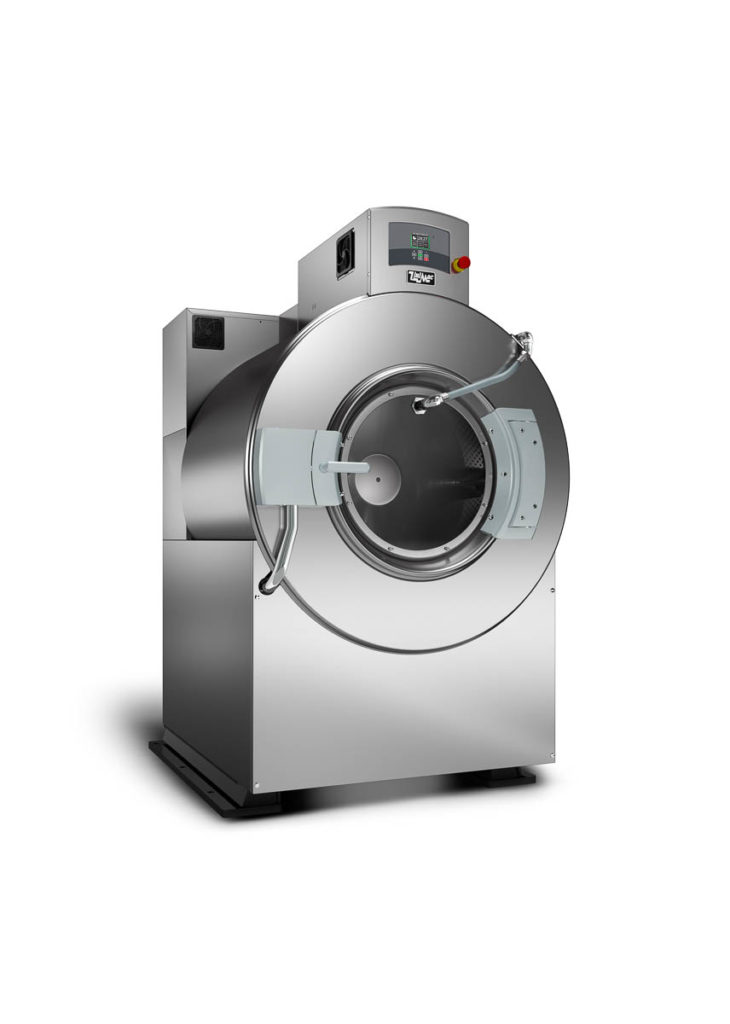 Industrial stainless steel washing machine with digital display, door handle, and internal drum