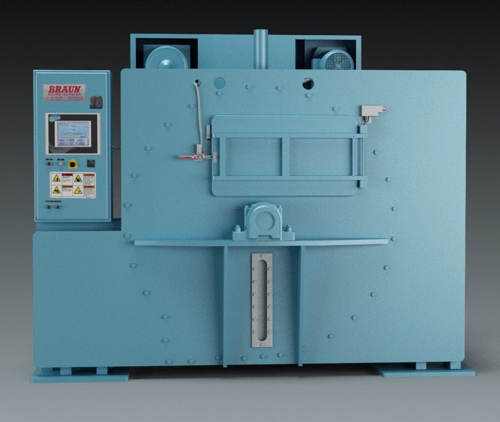 Large blue industrial machine with control panel, door, and motors