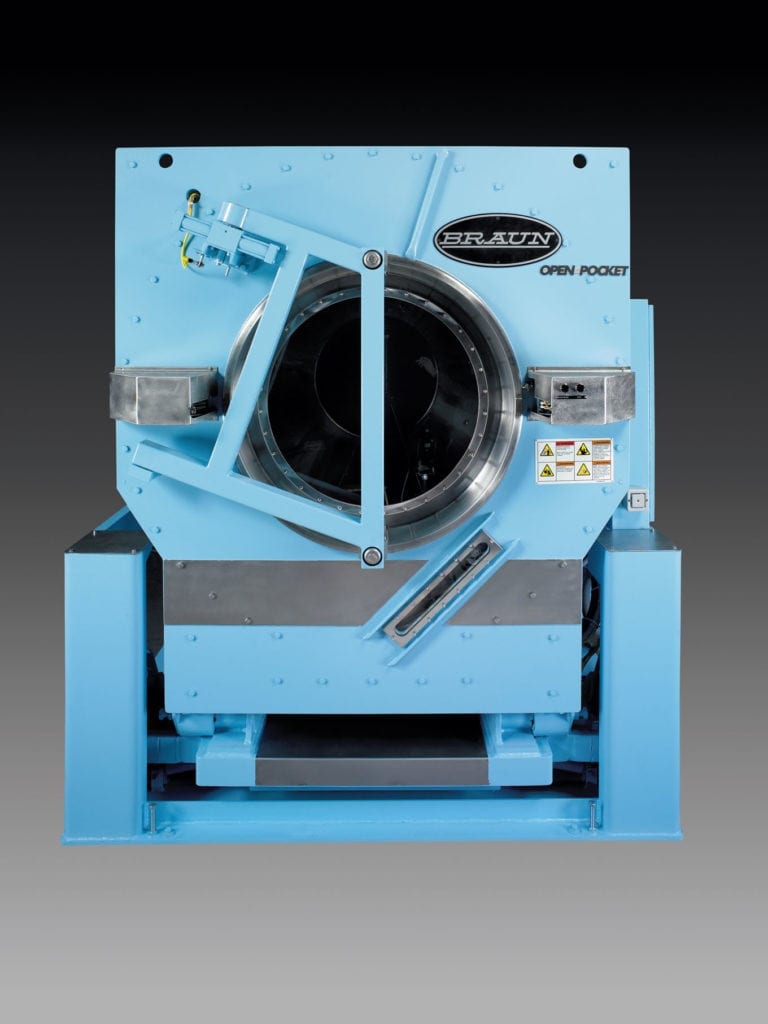 Large, light blue industrial washing machine with an open circular door