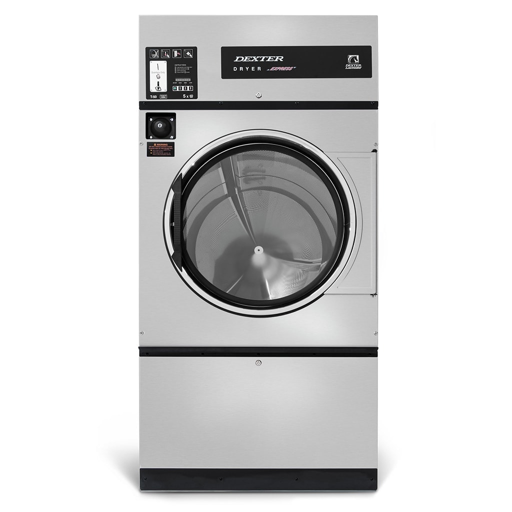 Stainless steel Dexter brand laundry dryer with a round drum and control panel