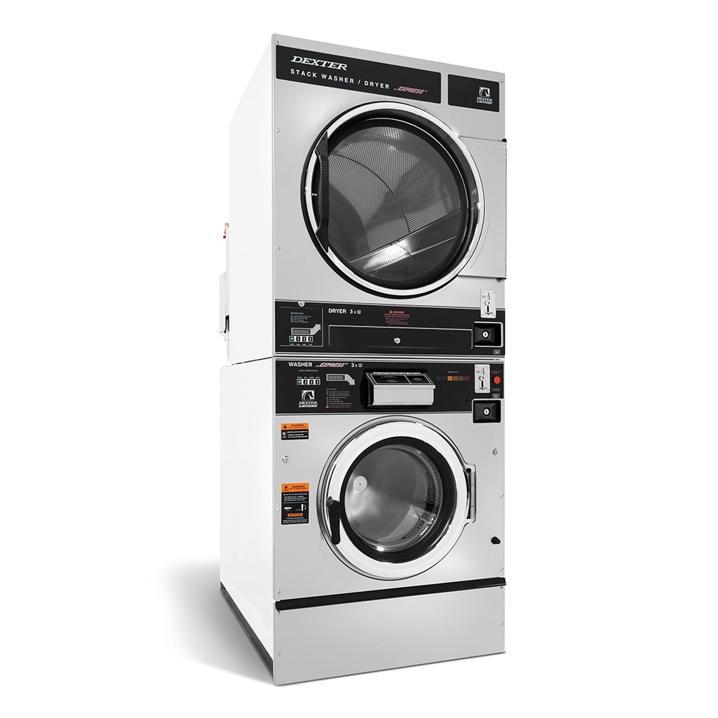 Stacked Dexter brand washer and dryer unit, white and silver