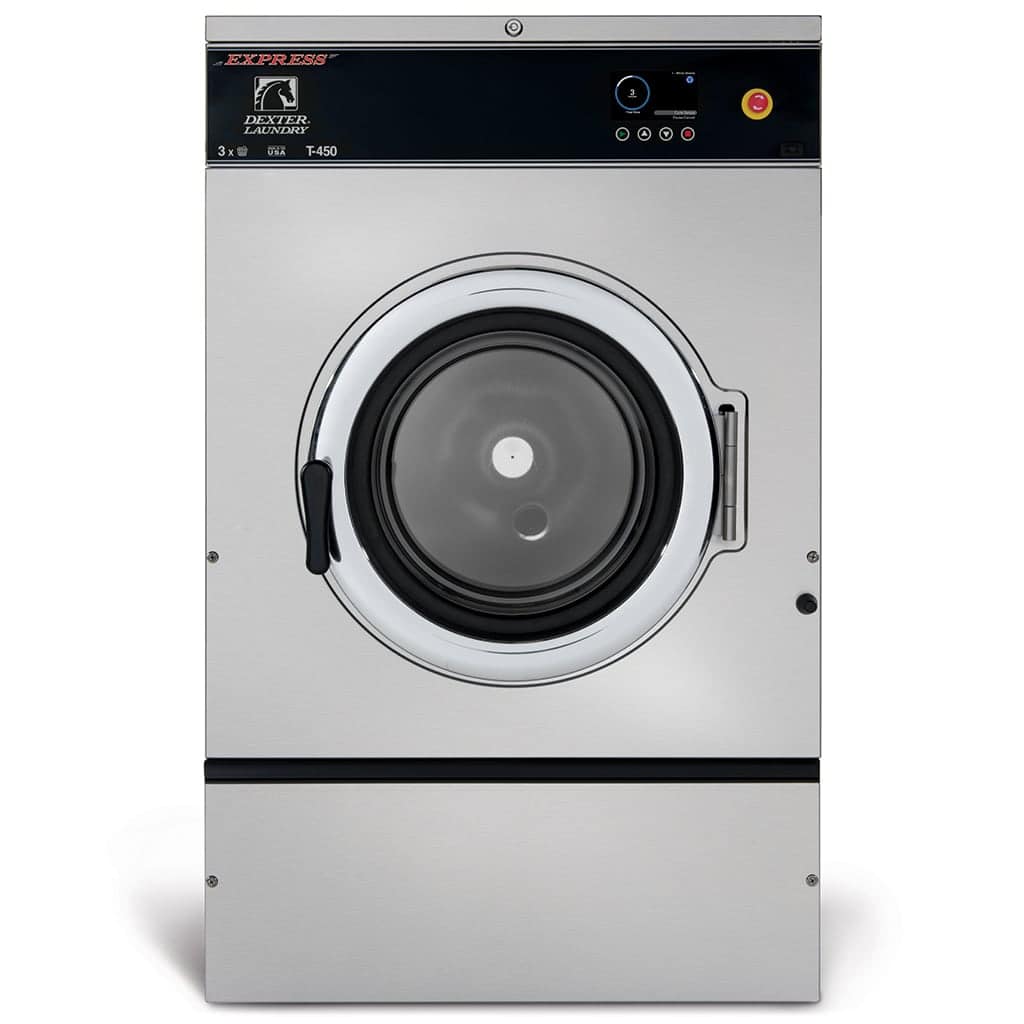 Stainless steel Dexter laundry washing machine with black control panel and round door