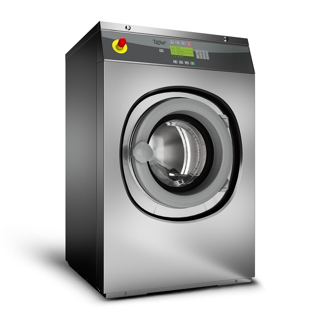 Stainless steel front-loading washing machine with a display and emergency stop button