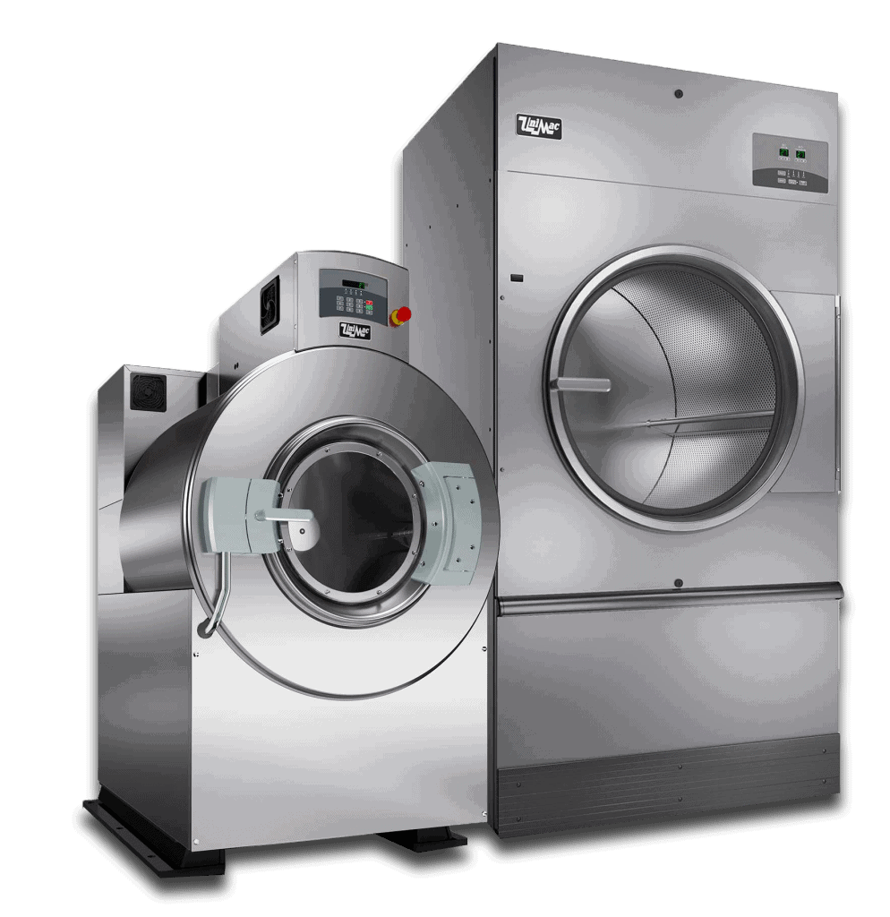 Two stainless steel commercial laundry dryers, different sizes