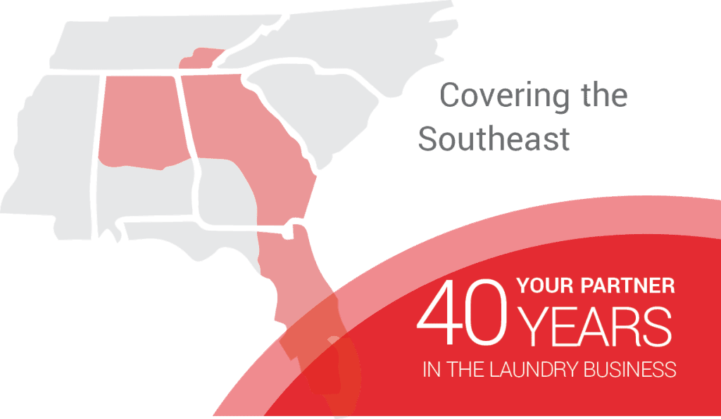 Map of the Southeast US with states in red, text says Covering the Southeast and 40 Years