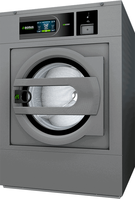 Gray commercial front-loading washing machine with digital display and large circular door