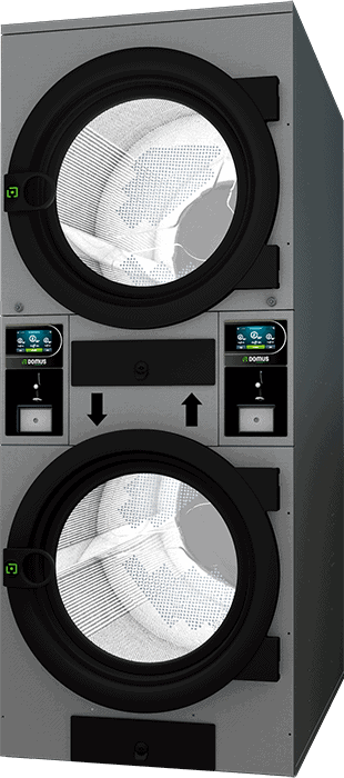 Stacked industrial dryers with open doors and control panels