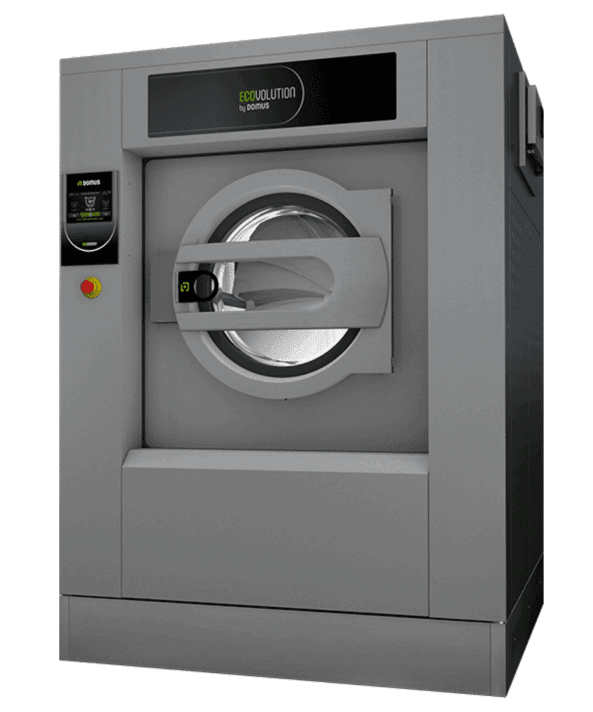 Gray commercial washing machine with round glass door and digital control panel