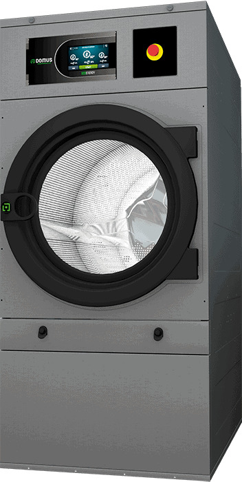 A commercial grey front-loading washing machine with a digital display and an emergency stop button