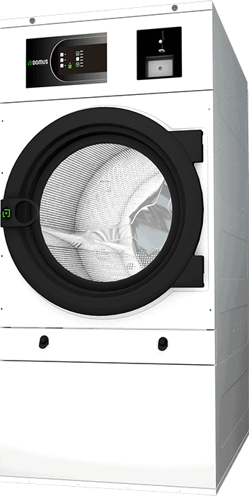 White industrial washing machine with black door and digital display