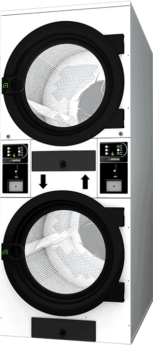 Stacked commercial washing machines with digital controls and black doors